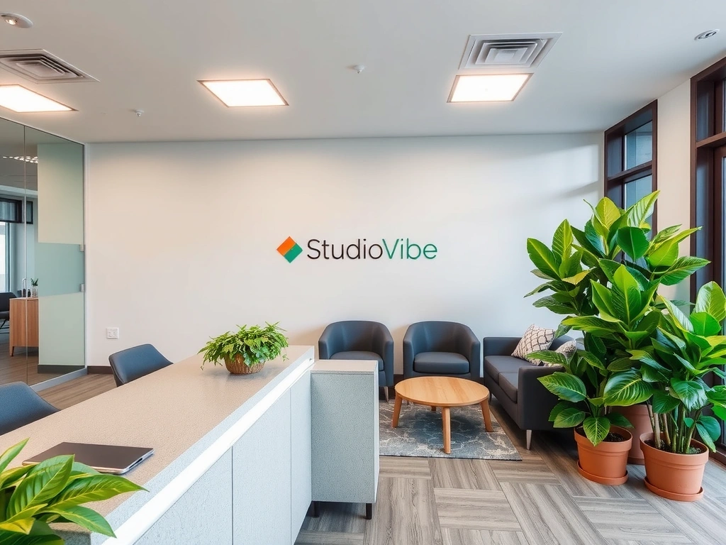 Moderní recepce s logem StudioVibe a zelenými rostlinami, symbolizující přátelské a profesionální prostředí.