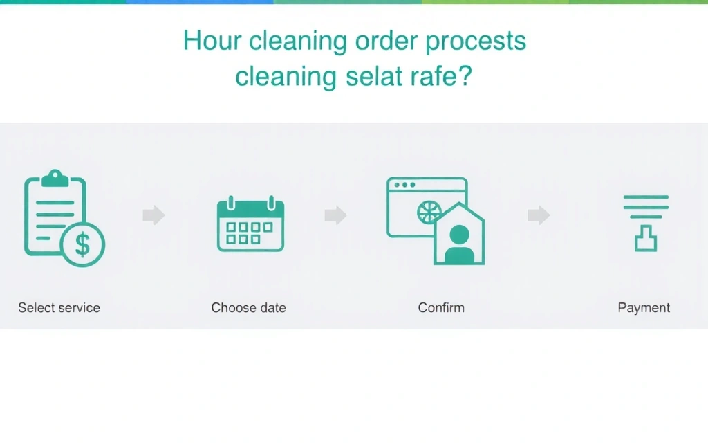 Ilustrace procesu online objednávky úklidu, s ikonami pro jednotlivé kroky