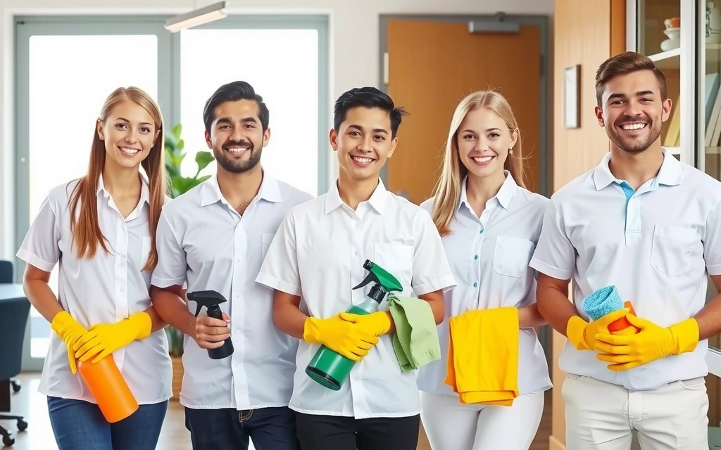 Tým usměvavých a profesionálních uklizečů s úklidovým vybavením