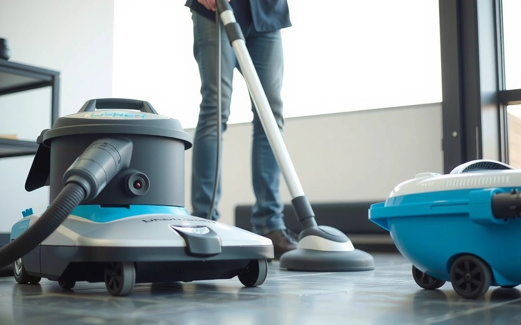 Detailní záběr na specializované úklidové vybavení, jako je parní čistič nebo průmyslový vysavač, v moderním a čistém prostředí.