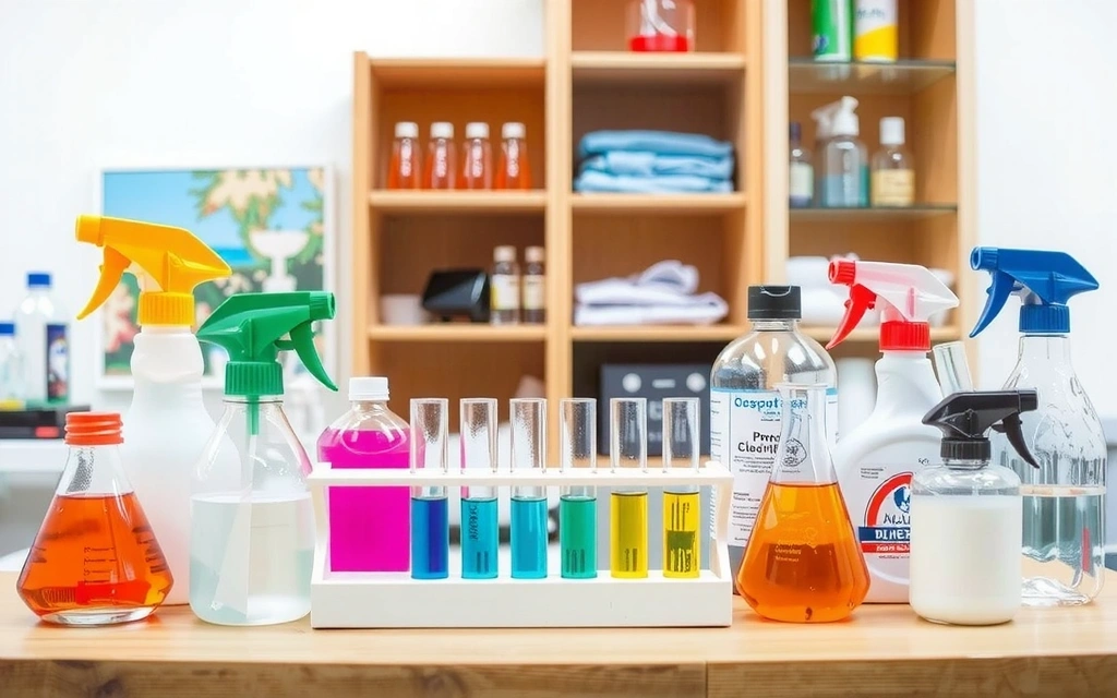 Laboratorní prostředí s různými čisticími prostředky a zkumavkami, symbolizující vědecký přístup k úklidu.