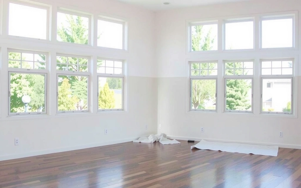 Nově zrekonstruovaná místnost po úklidu, s čistými okny a podlahami, připravená k použití.