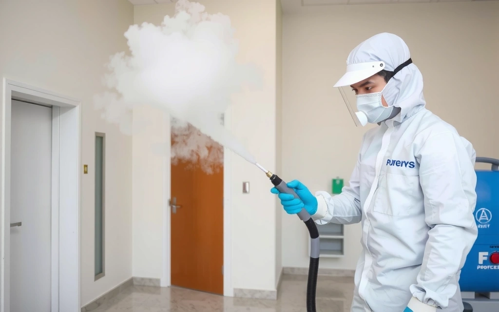 Pracovník v ochranném obleku provádí dezinfekci místnosti pomocí mlhovacího zařízení.