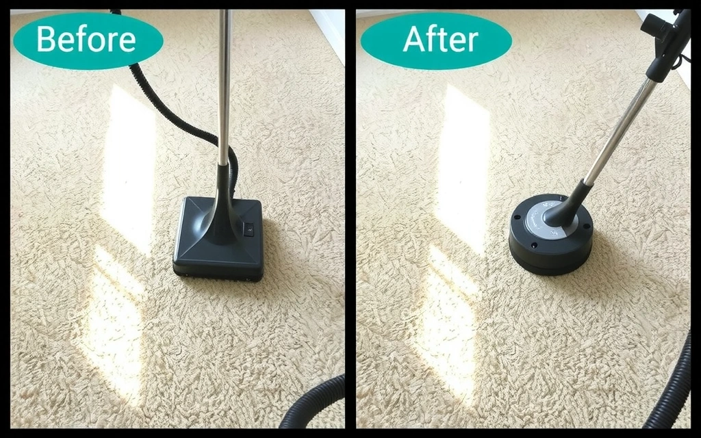 Profesionální čištění koberce parním čističem, s viditelným rozdílem mezi vyčištěnou a nevyčištěnou plochou.