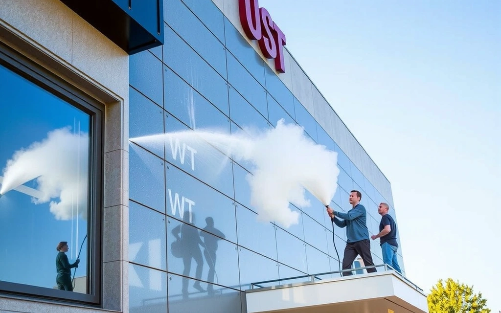 Tým profesionálů myje fasádu moderní budovy vysokotlakým čističem, fasáda je viditelně čistší.