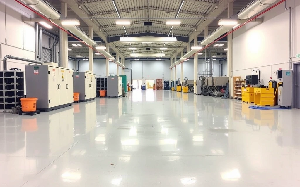 Velká průmyslová hala po čištění, s lesklými podlahami a čistými stroji.