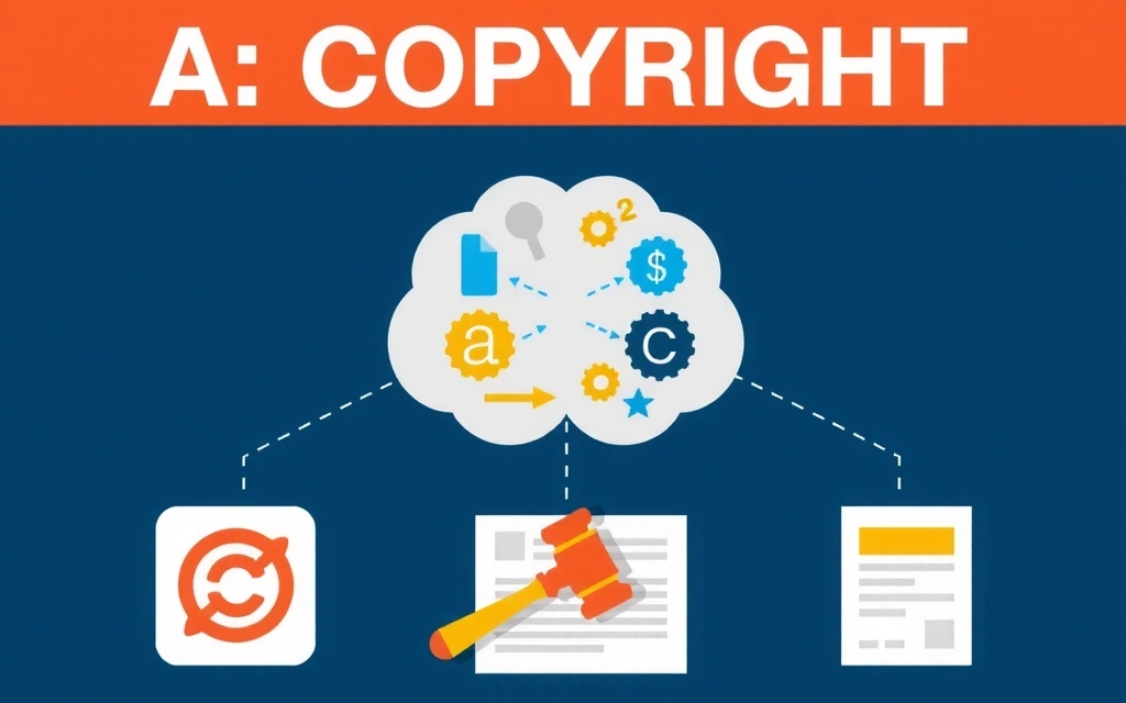 Ilustrace autorských práv a duševního vlastnictví se symboly ochranných známek a autorských práv.