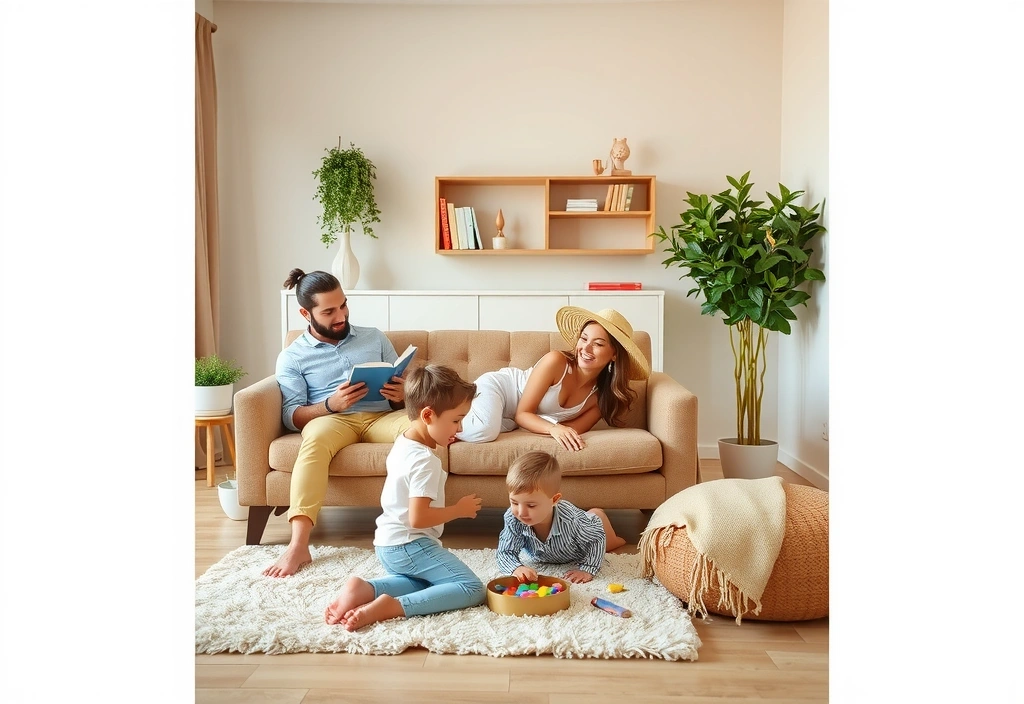 Šťastná rodina relaxující v čistém domě