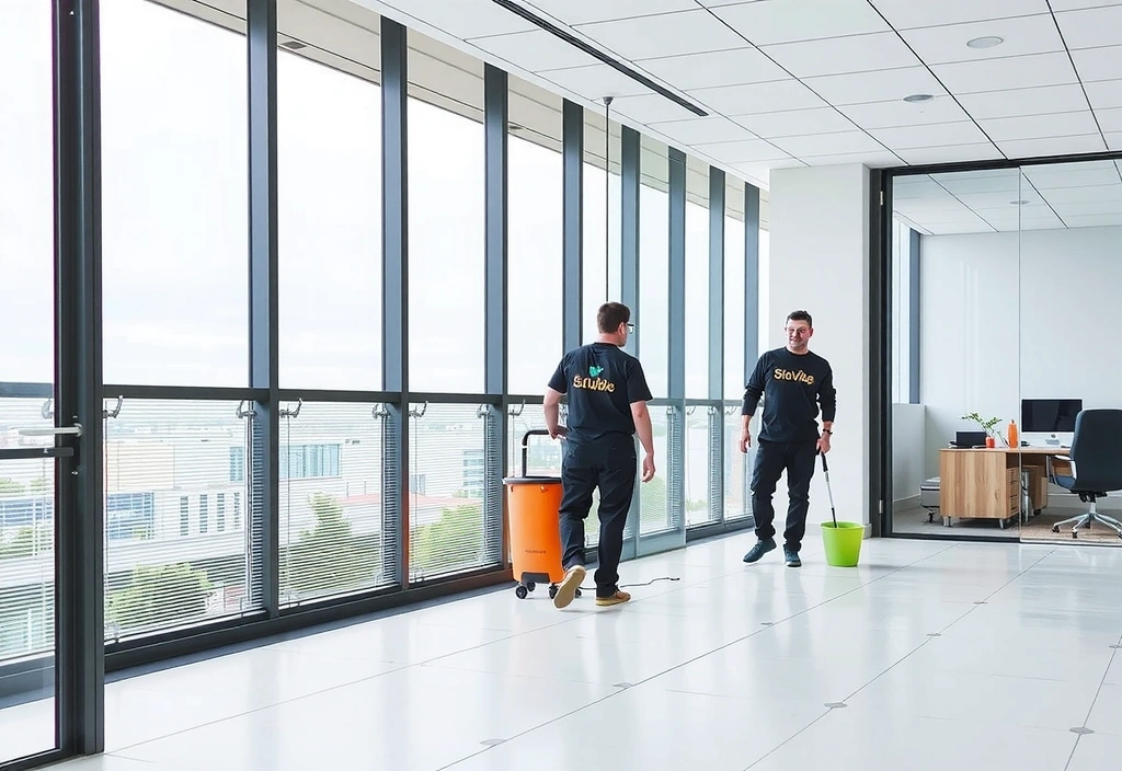 Moderní, čistá kancelář s prosklenými stěnami a minimalistickým designem, prosvětlená denním světlem, s úklidovým týmem StudioVibe v pozadí.