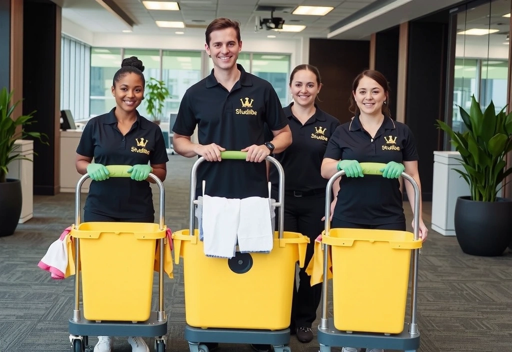Tým profesionálních uklízečů v uniformách StudioVibe s úklidovými vozíky, usmívající se v moderním kancelářském prostředí.