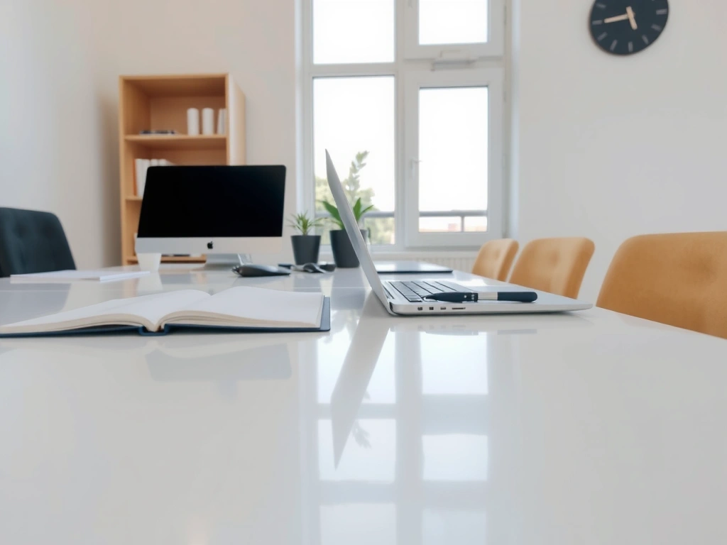 Deska stolu v kanceláři po úklidu, s lesklým povrchem.