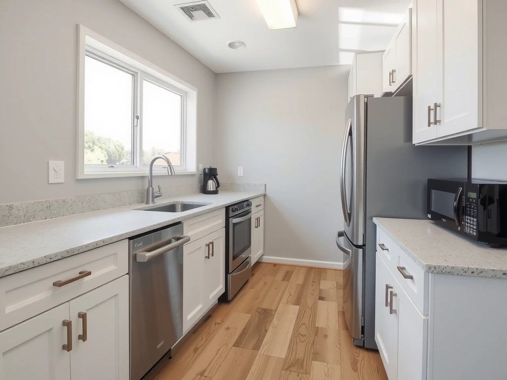 Dokonale čistá moderní kuchyně s lesklými povrchy a nerezovými spotřebiči.