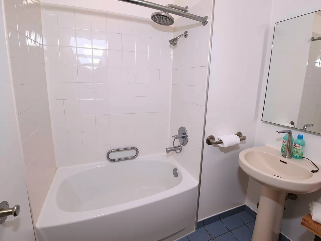 Koupelna s lesklými dlaždicemi, čistou sprchou a zrcadlem bez šmouh.