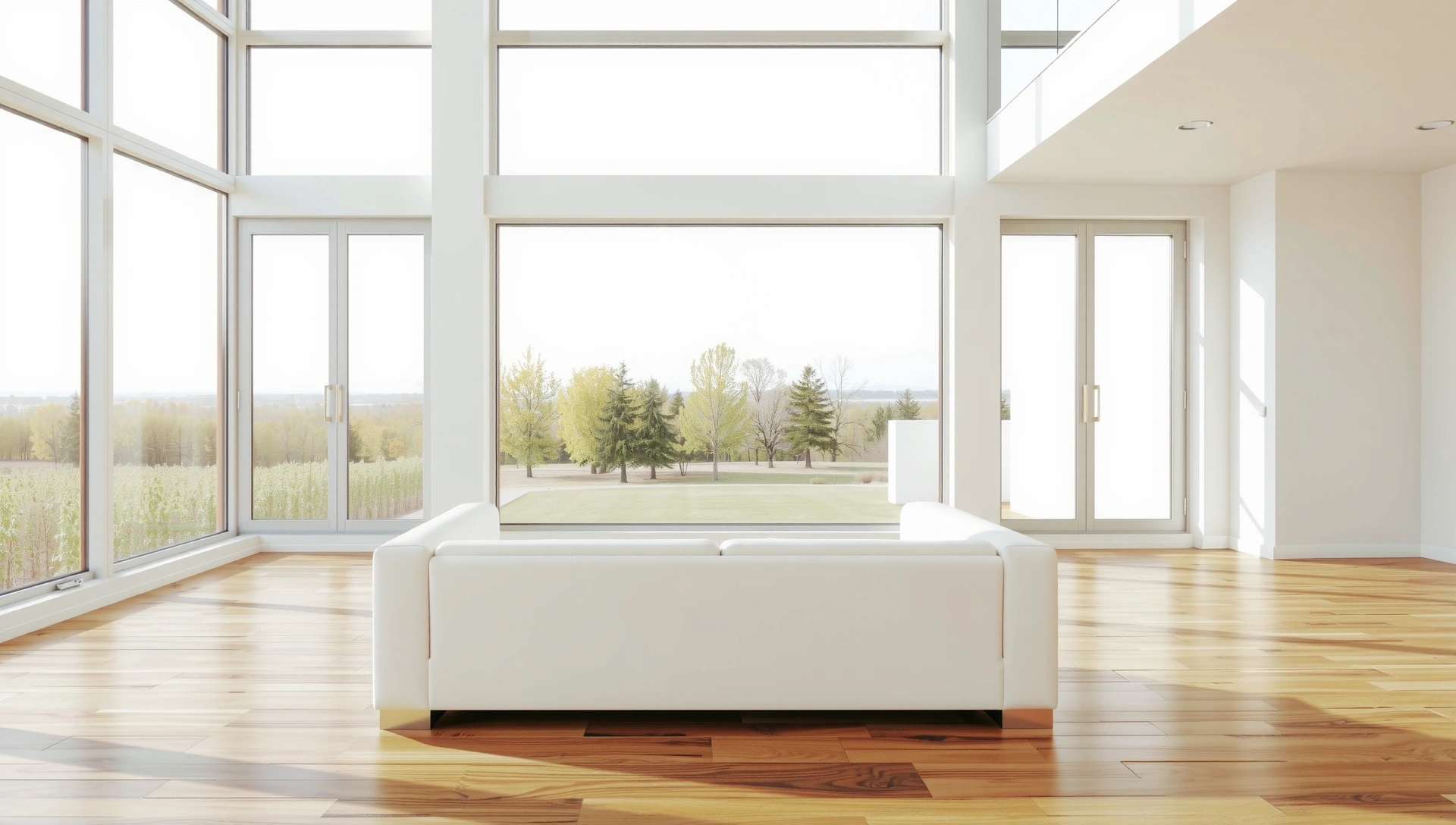 Moderní interiér s čistým a svěžím vzhledem, ideální pro relaxaci a práci.