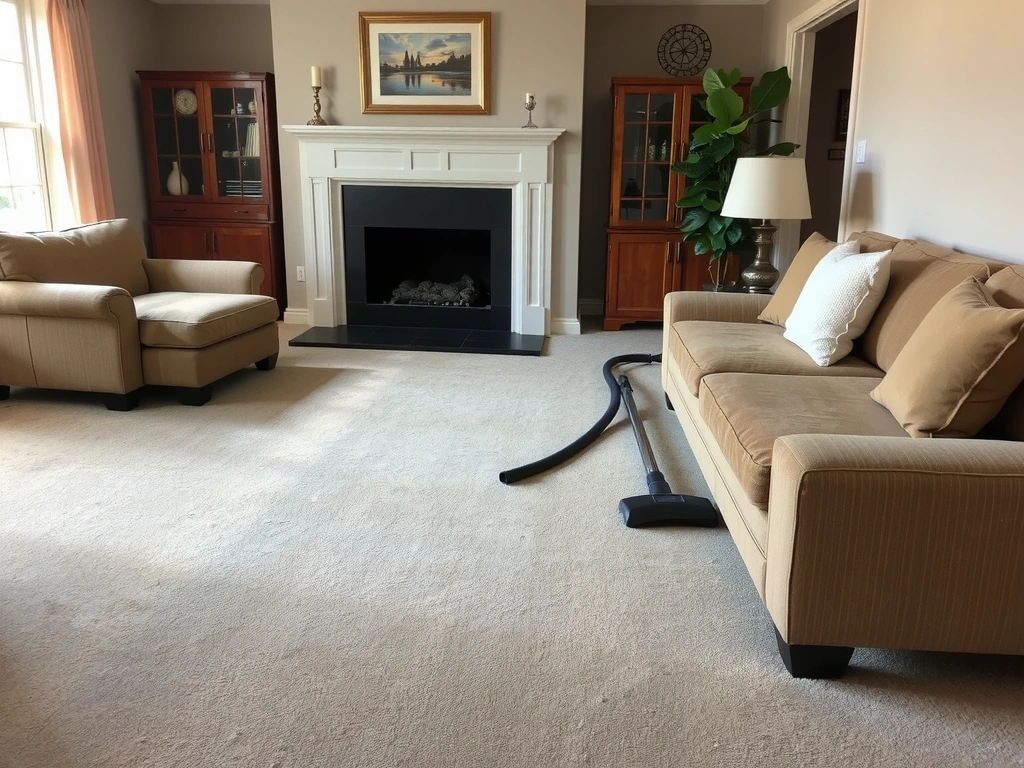 Obývací pokoj s čistým kobercem a nábytkem, bez prachu a nečistot.