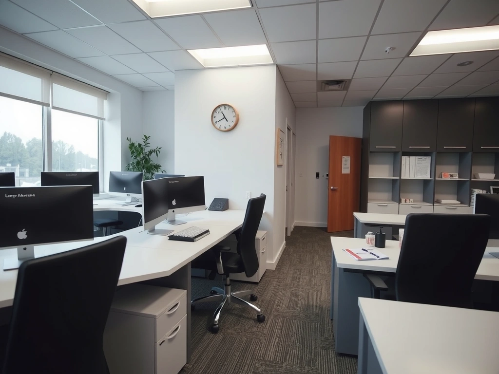 Úhledná a čistá kancelář s uspořádanými stoly a zářivými okny.